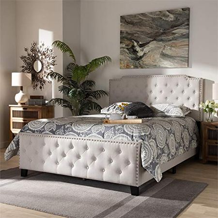 Baxton Studio Transitional Wood Queen Size Beige Button Tufted Panel Bed