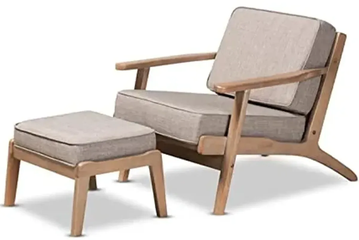 Baxton Studio Sigrid Mid-Century Modern Light Grey Fabric Upholstered Antique Oak Finished 2-Piece Wood Armchair and Ottoman Set