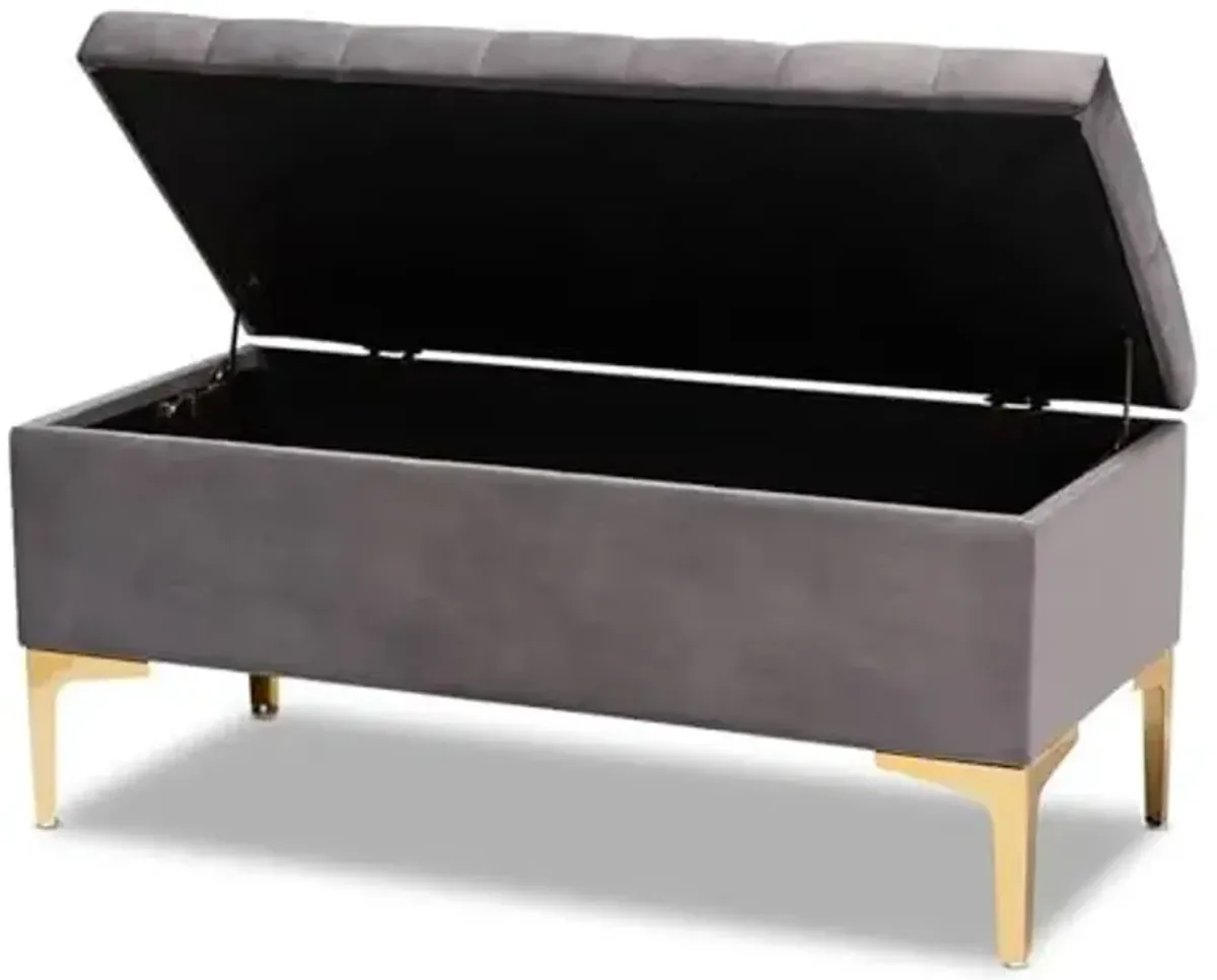 Baxton Studio Valere Glam and Luxe Grey Velvet Fabric Upholstered Gold Finished Button Tufted Storage Ottoman