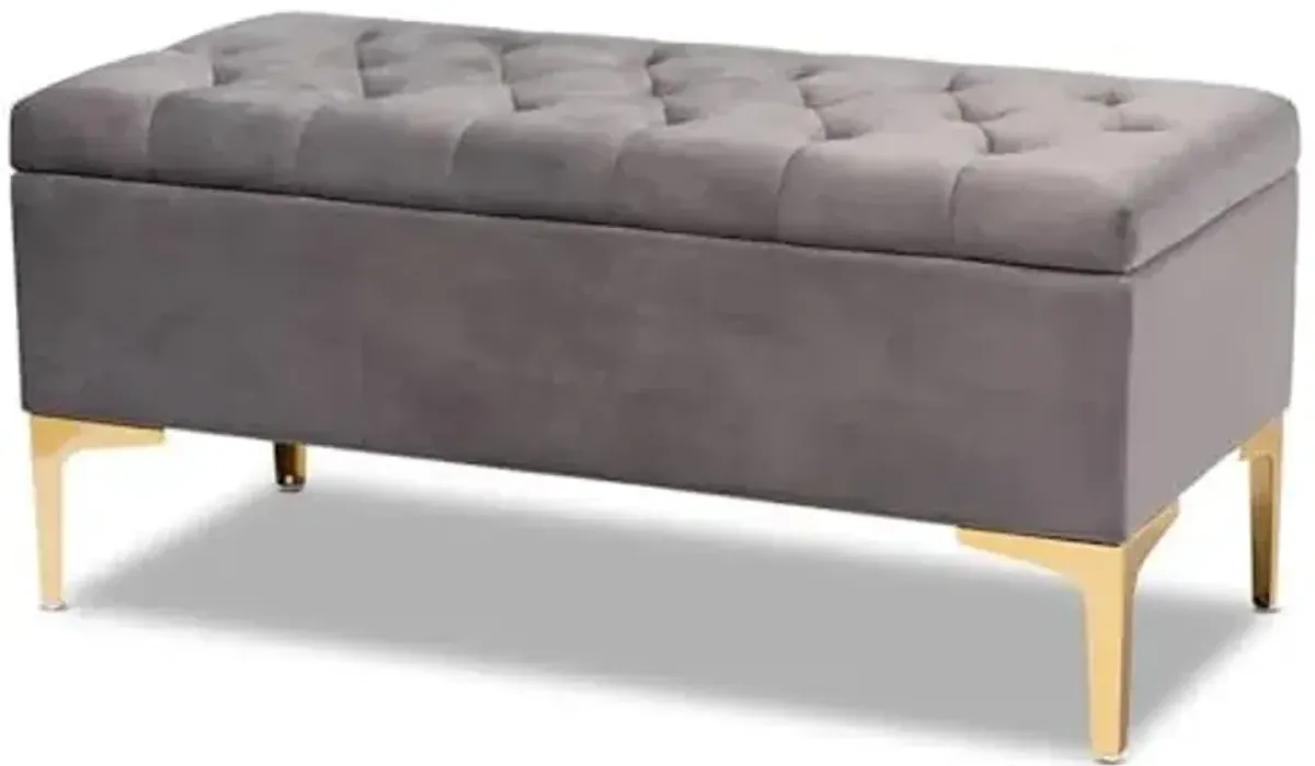 Baxton Studio Valere Glam and Luxe Grey Velvet Fabric Upholstered Gold Finished Button Tufted Storage Ottoman