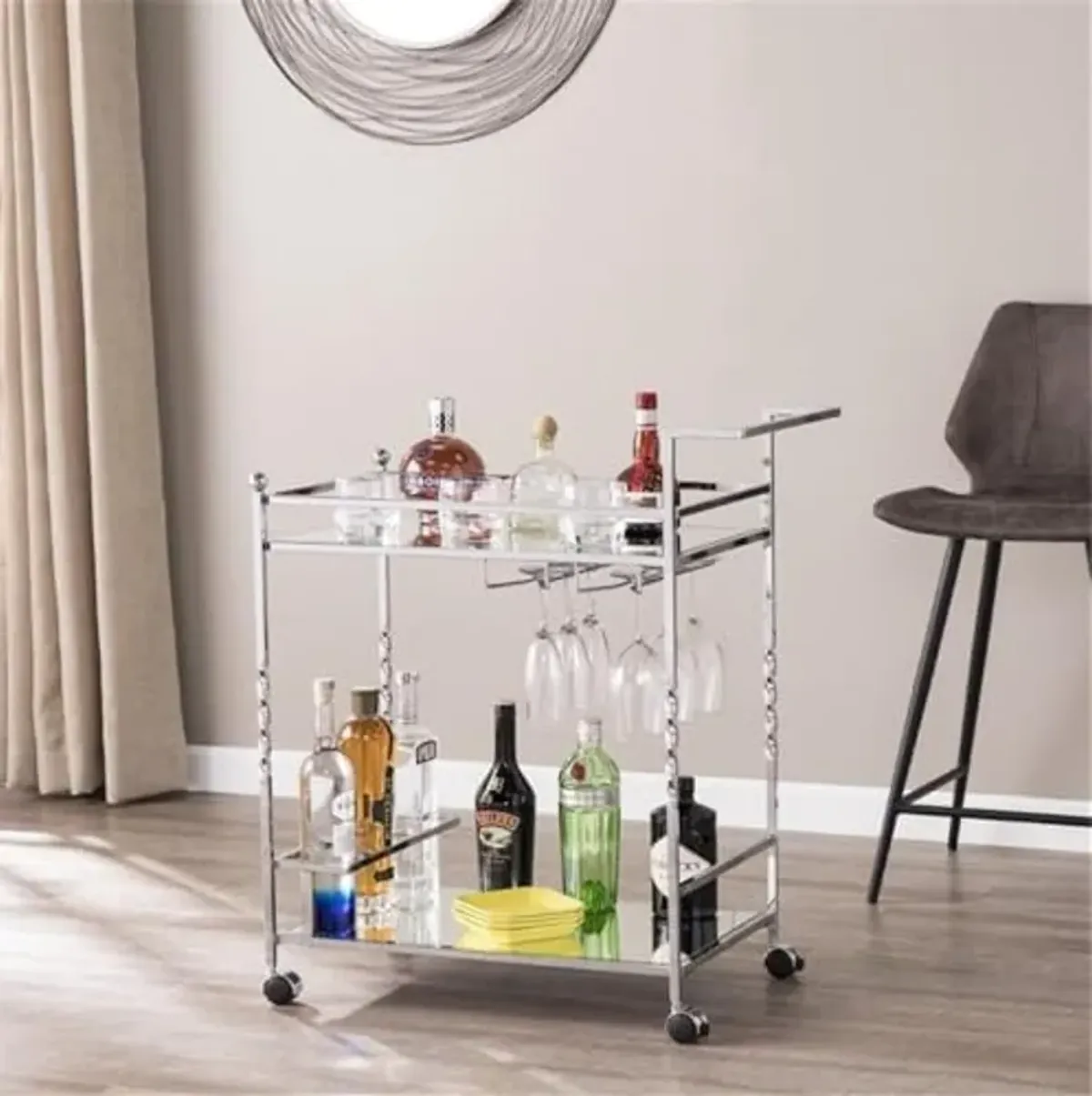 Southern Enterprises SEI Furniture Ivers Mirrored Metal Bar Cart in Chrome