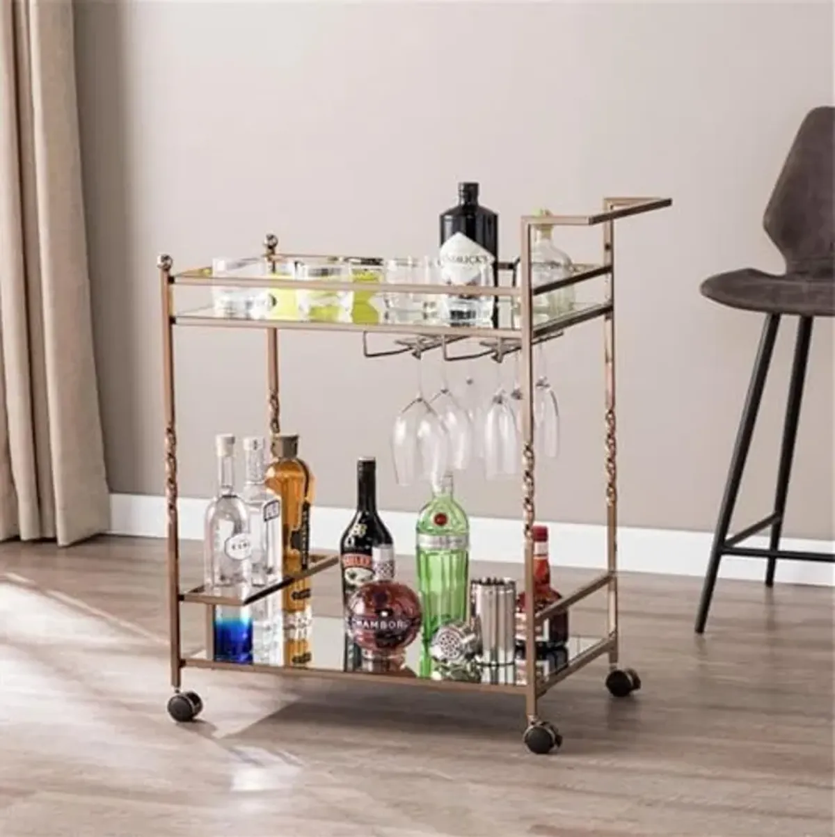 Southern Enterprises SEI Furniture Ivers Mirrored Metal Bar Cart in Champagne