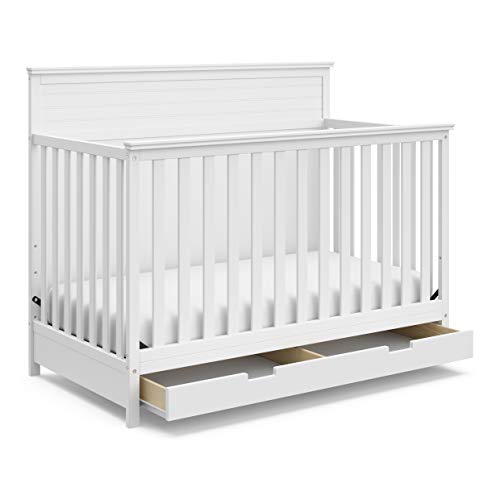 Storkcraft Homestead 5-in-1 Convertible Crib with Drawer (White) – GREENGUARD Gold Certified, Crib with Drawer Combo, Includes Nursery Storage Drawer, Converts to Toddler Bed and Full-Size Bed