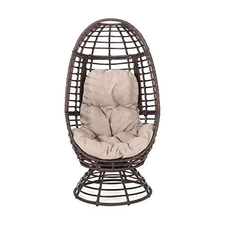 Christopher Knight Home Frances Outdoor Wicker Swivel Egg Chair with Cushion, Dark Brown, Beige