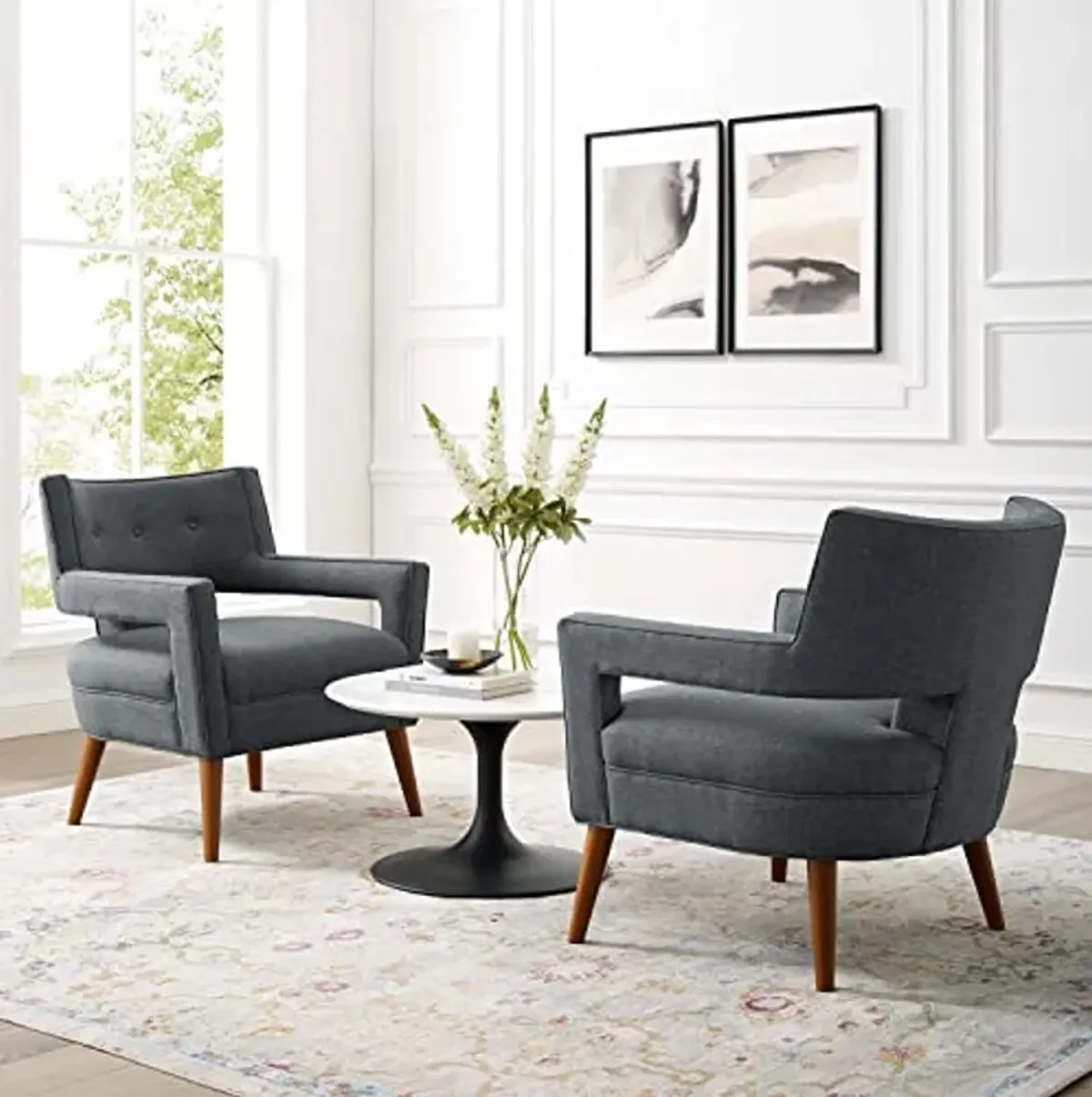 Modway Sheer Upholstered Fabric Mid-Century Modern Set of 2 in Gray, 2 Armchairs