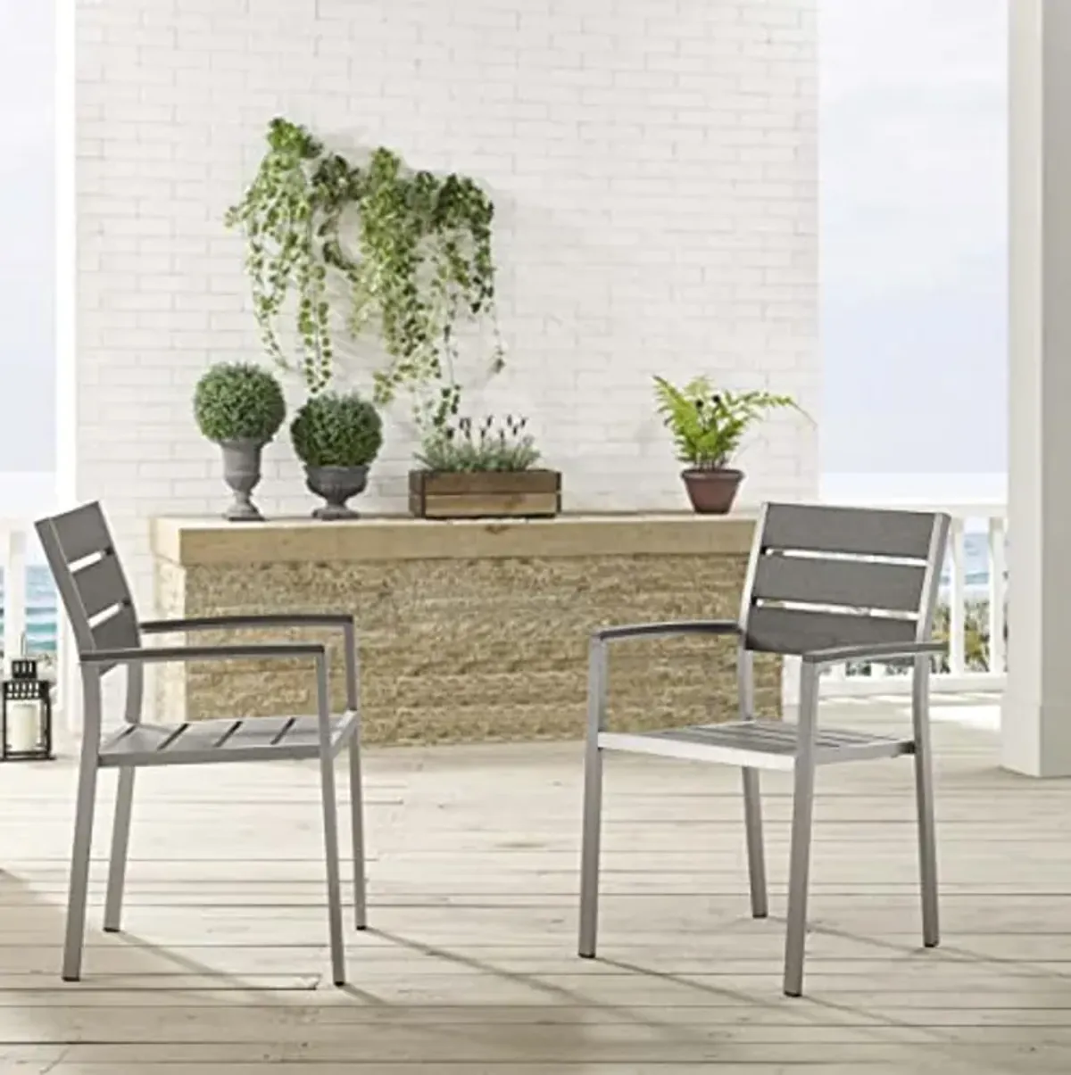 Modway Shore Outdoor Patio Aluminum Dining Armchair Set of 2 in Silver Gray