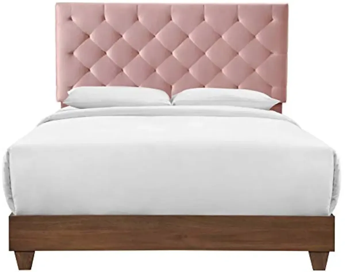 Modway Rhiannon Diamond Tufted Upholstered Performance Velvet Queen Bed, Walnut Dusty Rose