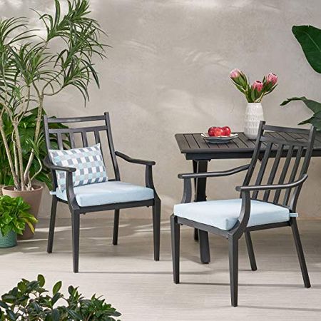 Christopher Knight Home Faithe Outdoor Dining Chair (Set of 2), Matte Black, Light Teal