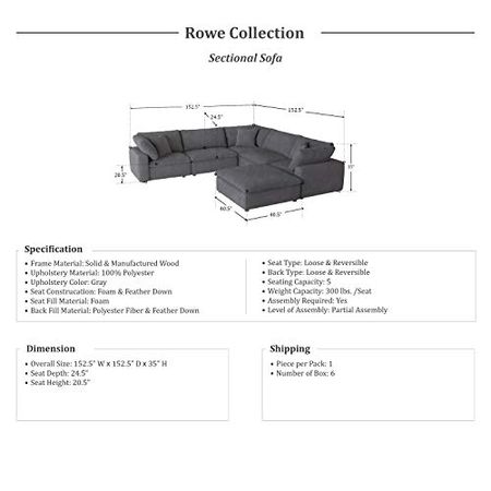 Lexicon Rowe Modular Sectional Sofa with Ottoman, Grey
