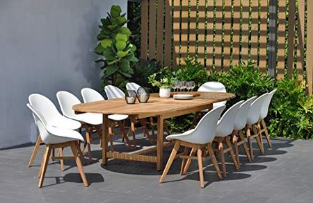 Amazonia Lothian 13-Piece Oval Patio Dining Set | Durable Teak Wood | Extendable with White Chairs