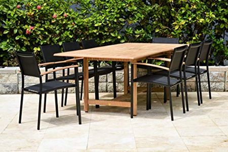 Amazonia Kenneth 9-Piece Extendable Patio Dining Set | Durable Teak Wood | Black Sling Chairs