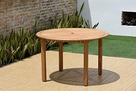 Amazonia Bronson 5-Piece Round Patio Dining Set | Durable Wood with Teak Finish | Black Chairs
