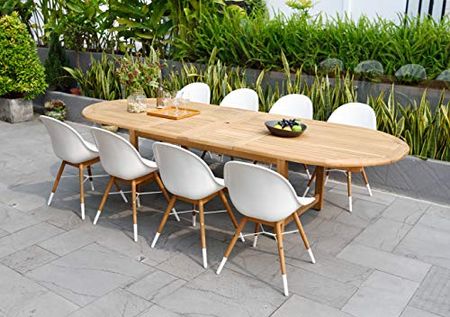 Amazonia Warwick 9-Piece Oval Patio Dining Set | Durable Teak Wood | Extendable with White Chairs