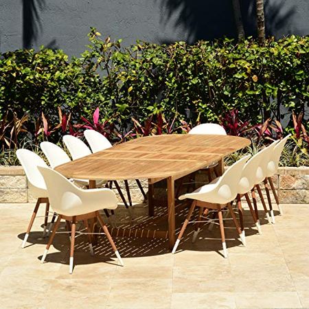 Amazonia Warwick 11-Piece Deluxe Patio Dining Set | Durable Teak Wood | Extendable with White Chairs