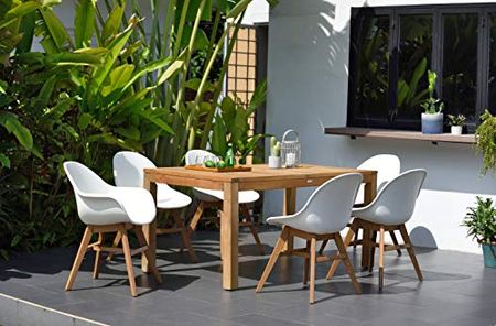 Amazonia Angus 7-Piece Rectangular Patio Dining Set | Durable Teak Wood | White Chairs