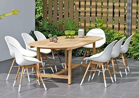 Amazonia Somerton 9-Piece Oval Patio Dining Set | Durable Teak Wood | Extendable with White Chairs
