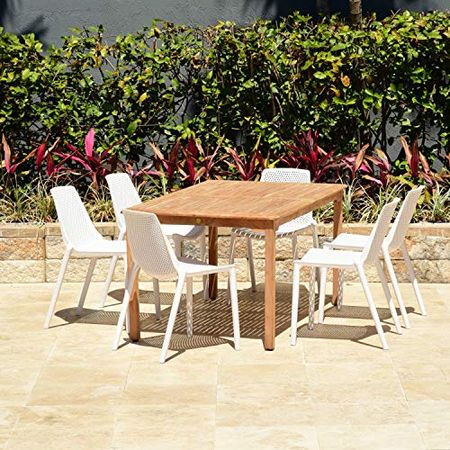 Amazonia Rhodes 7-Piece Rectangular Patio Dining Set | Durable Teak | White Chairs