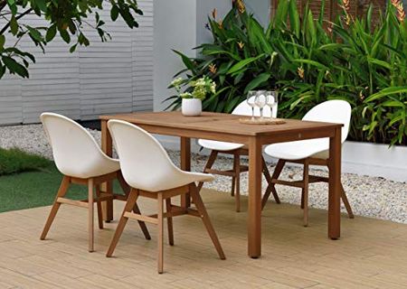 Amazonia Clermont 5-Piece Rectangular Patio Dining Set | Durable Wood with Teak Finish | White Chairs