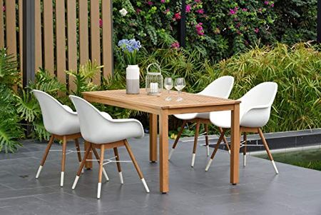 Amazonia Clermont 5-Piece Patio Dining Set | Durable Wood with Teak Finish | White Chairs