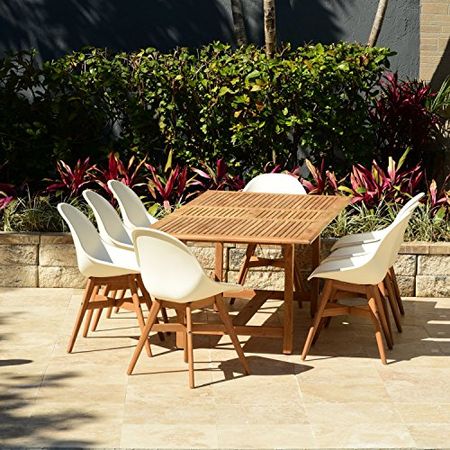 Amazonia Angus Deluxe 9-Piece Rectangular Patio Dining Set | Durable Teak Wood | White Chairs