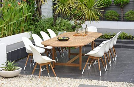Amazonia Warwick 11-Piece Oval Patio Dining Set | Durable Teak Wood | Extendable with White Chairs