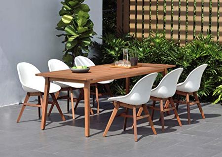 Amazonia Glenfield 7-Piece Rectangular Patio Dining Set | Durable Eucalyptus Wood | White Chairs