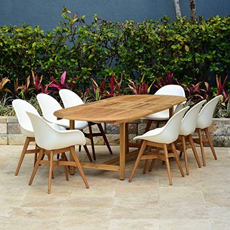 Amazonia Lothian 7-Piece Oval Patio Dining Set | Durable Teak Wood | Extendable with White Chairs