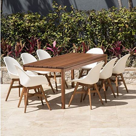 Amazonia Gloucester 9-Piece Deluxe Patio Dining Set | Durable Eucalyptus Wood | White Chairs