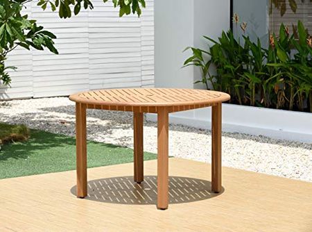 Amazonia Bronson 5-Piece Round Patio Dining Set | Durable Wood with Teak Finish | White Chairs