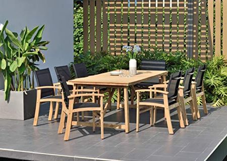 Amazonia Keystone 9-Piece Oval Patio Dining Set | Grade A Teak Wood | Black Sling Chairs