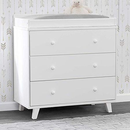 Delta Children Ava 3 Drawer Dresser with Changing Top, White and Contoured Changing Pad, White