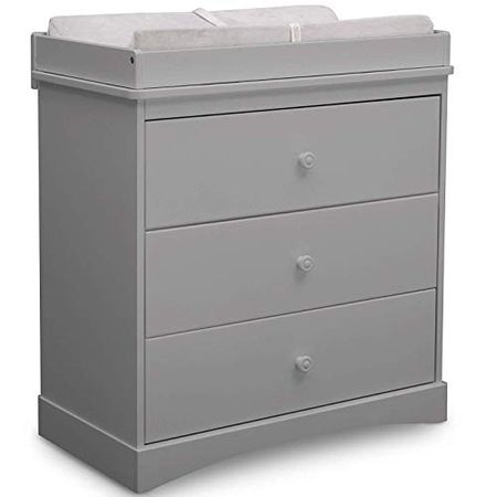 Delta Children Sutton 3 Drawer Dresser with Changing Top, Grey and Contoured Changing Pad, White