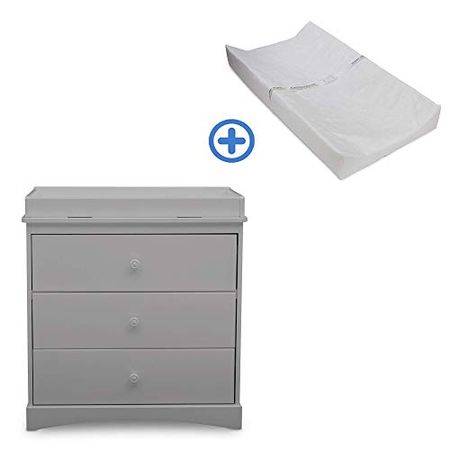 Delta Children Sutton 3 Drawer Dresser with Changing Top, Grey and Contoured Changing Pad, White