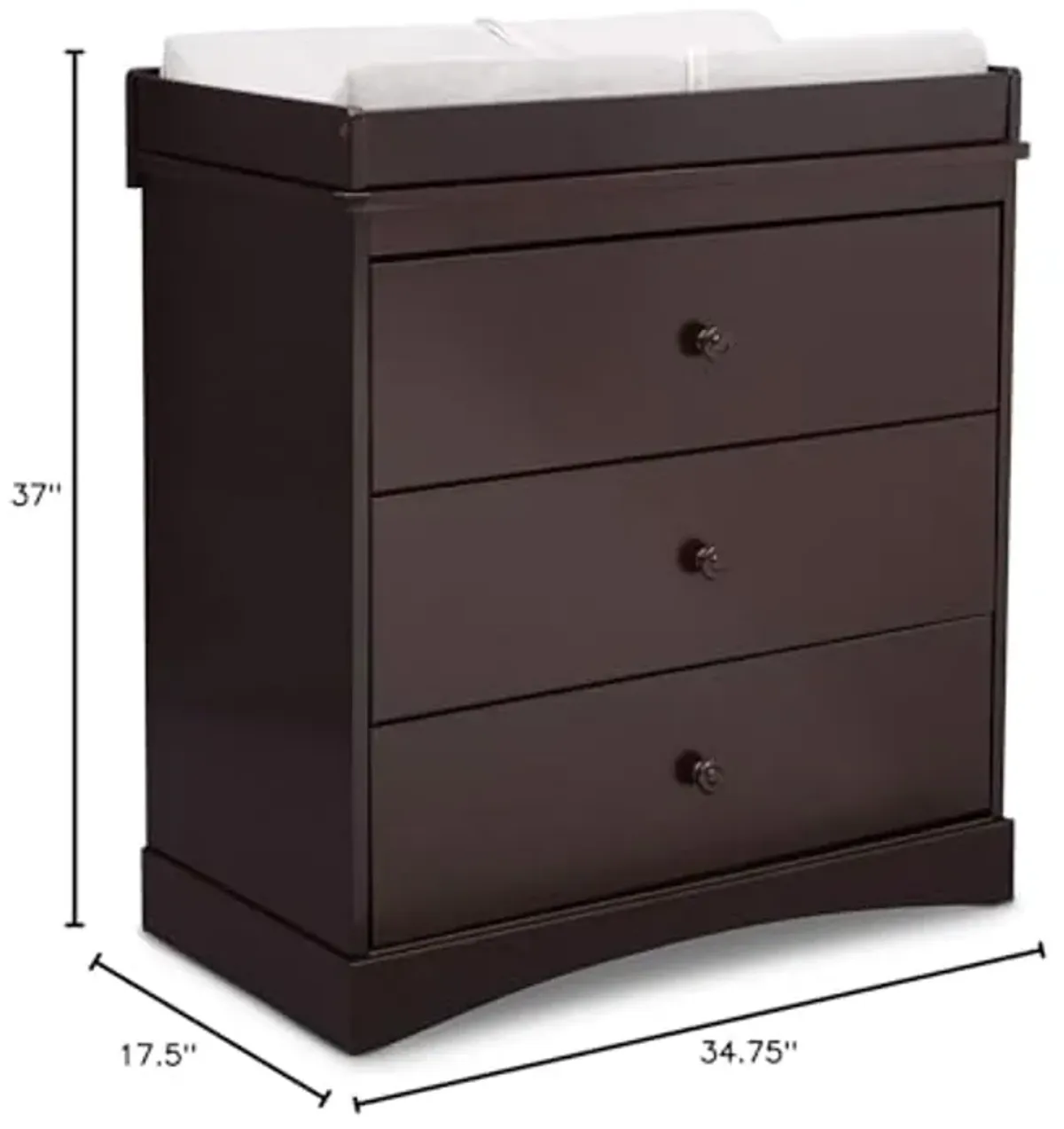 Delta Children Sutton 3 Drawer Dresser with Changing Top, Dark Chocolate and Contoured Changing Pad, White