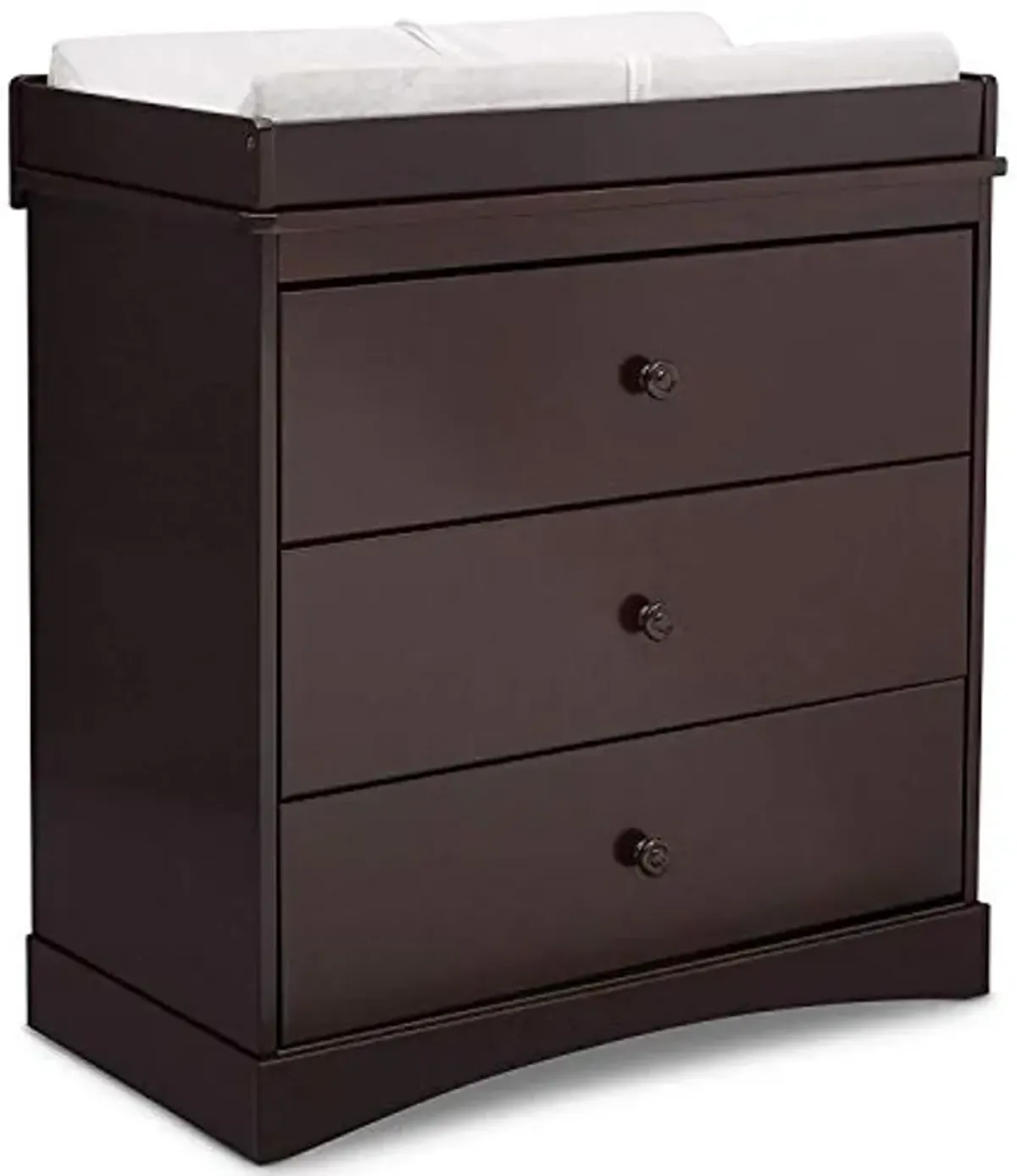 Delta Children Sutton 3 Drawer Dresser with Changing Top, Dark Chocolate and Contoured Changing Pad, White