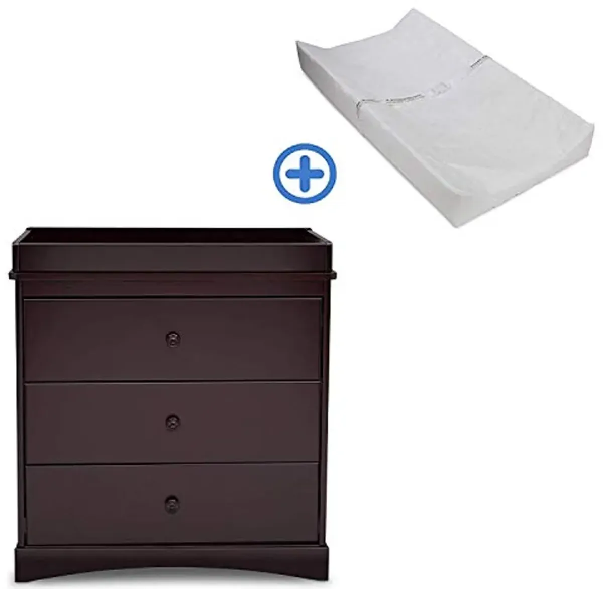 Delta Children Sutton 3 Drawer Dresser with Changing Top, Dark Chocolate and Contoured Changing Pad, White