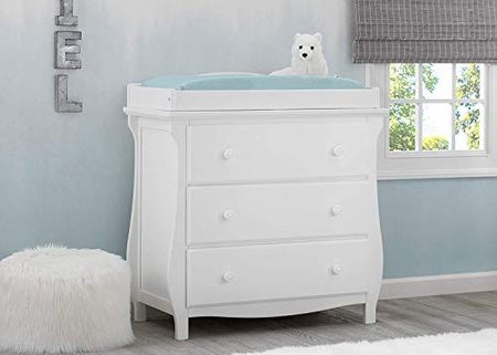 Delta Children Lancaster 3 Drawer Dresser with Changing Top, Bianca White and Contoured Changing Pad, White