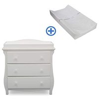 Delta Children Lancaster 3 Drawer Dresser with Changing Top, Bianca White and Contoured Changing Pad, White