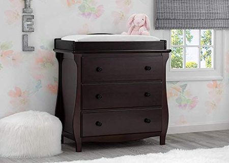 Delta Children Lancaster 3 Drawer Dresser with Changing Top, Dark Chocolate and Contoured Changing Pad, White