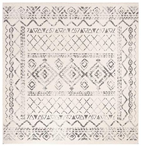 SAFAVIEH Tulum Collection 9' Square Ivory/Grey TUL268A Moroccan Boho Distressed Non-Shedding Living Room Bedroom Dining Home Office Area Rug