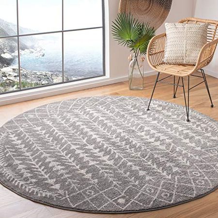 SAFAVIEH Tulum Collection 5' Round Dark Grey/Ivory TUL262F Moroccan Boho Distressed Non-Shedding Dining Room Entryway Foyer Living Room Bedroom Area Rug