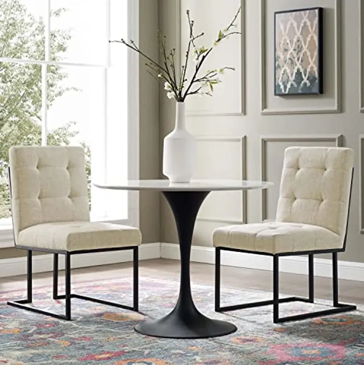 Modway Privy Stainless Steel Upholstered Fabric Dining Chair Set of 2, Black Beige