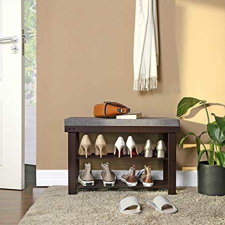 SONGMICS Bamboo Shoe Bench, 2-Tier Shoe Rack, Stable Shoe Organizer for Entryway, Living Room, Bench Seat Holds Up to 330 lb, 11.4 x 28 x 19.3 Inches, Brown and Gray ULBS604CG