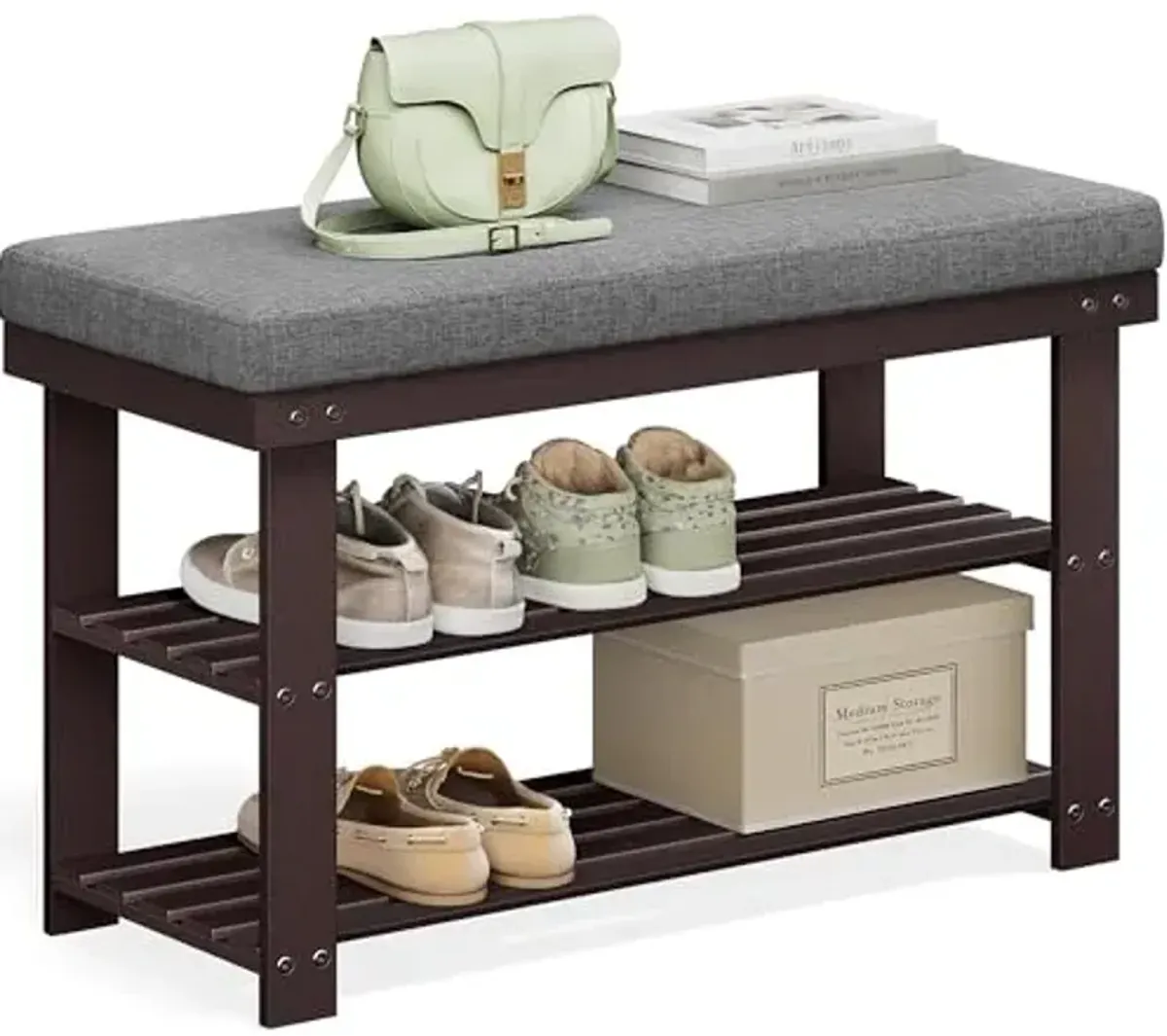 SONGMICS Bamboo Shoe Bench, 3-Tier Shoe Rack Organizer for Entryway, Living Room, Bench Seat Holds Up to 300 lb, 11.9 x 28.3 x 19.2 Inches, Rustic Walnut and Slate Gray ULBS604CG