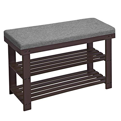 SONGMICS Bamboo Shoe Bench, 2-Tier Shoe Rack, Stable Shoe Organizer for Entryway, Living Room, Bench Seat Holds Up to 330 lb, 11.4 x 28 x 19.3 Inches, Brown and Gray ULBS604CG