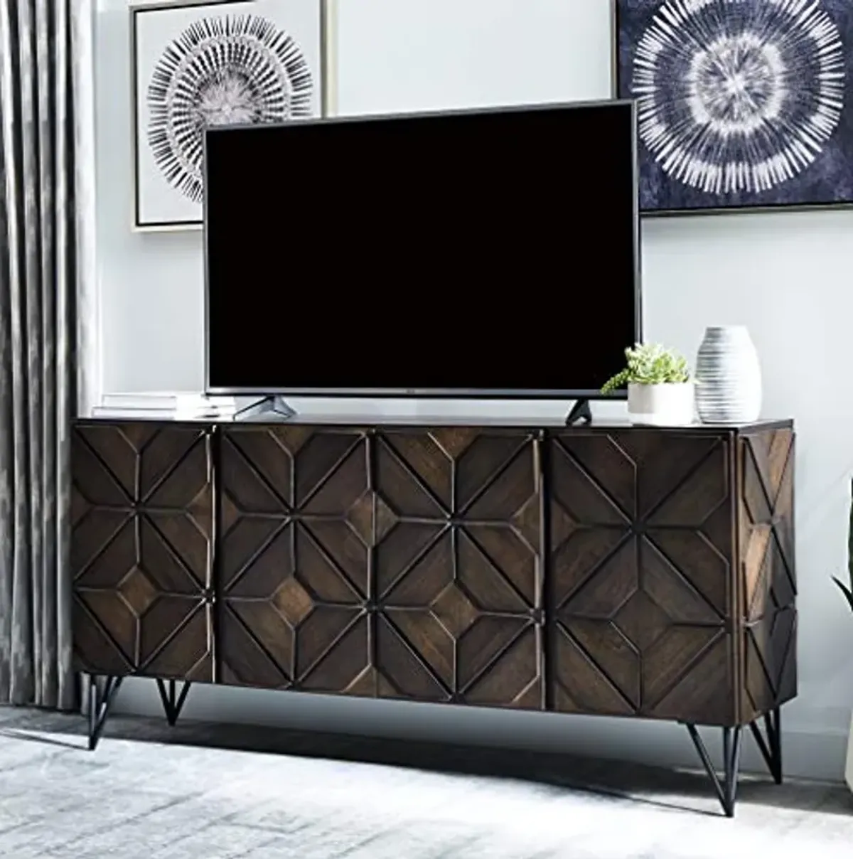 Signature Design by Ashley Chasinfield Urban Geometric Design TV Stand Fits TVs up to 70", 4 Cabinet Doors and 3 Adjustable Storage Shelves, Dark Brown