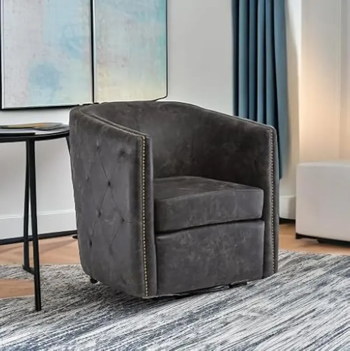 Signature Design by Ashley Brentlow Tufted Barrel Accent Swivel Chair, Distressed Black