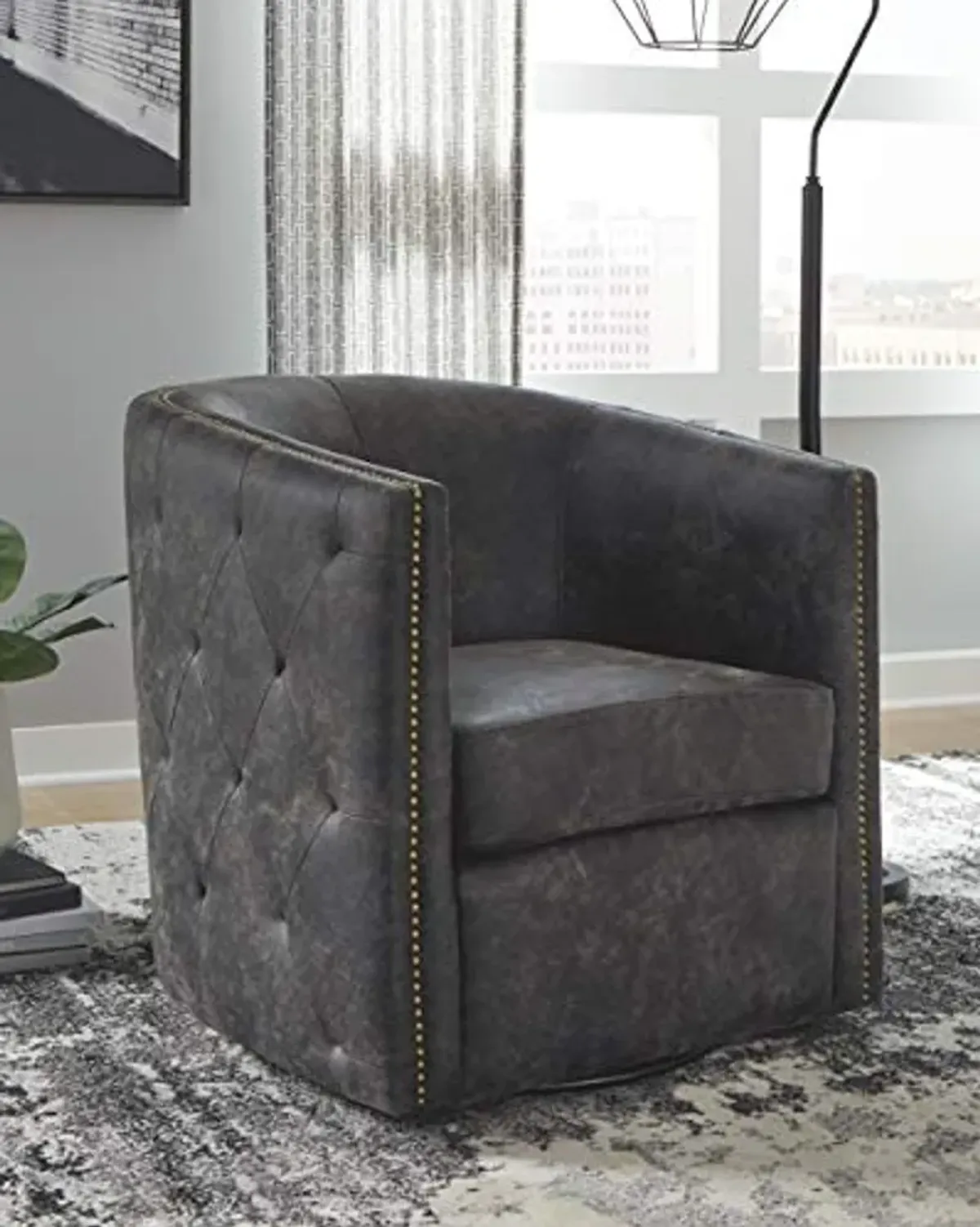 Signature Design by Ashley Brentlow Tufted Barrel Accent Swivel Chair, Distressed Black