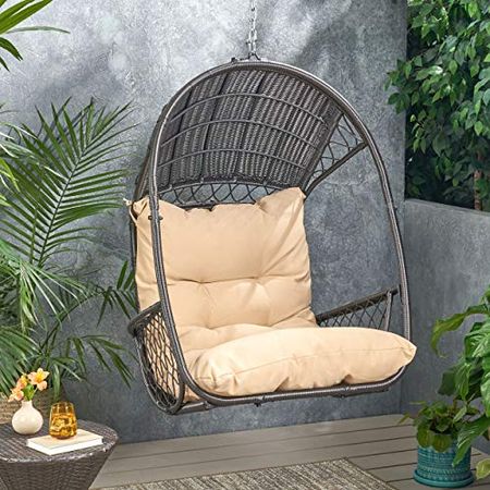 Christopher Knight Home Becky Wicker Hanging Chair with Cushion (Stand Not Included), Brown, Tan