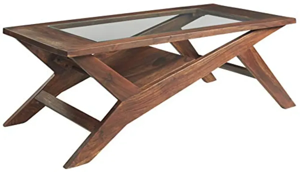 Signature Design by Ashley Charzine Contemporary Rectangular Coffee Table with Clear Tempered Glass Top, Brown